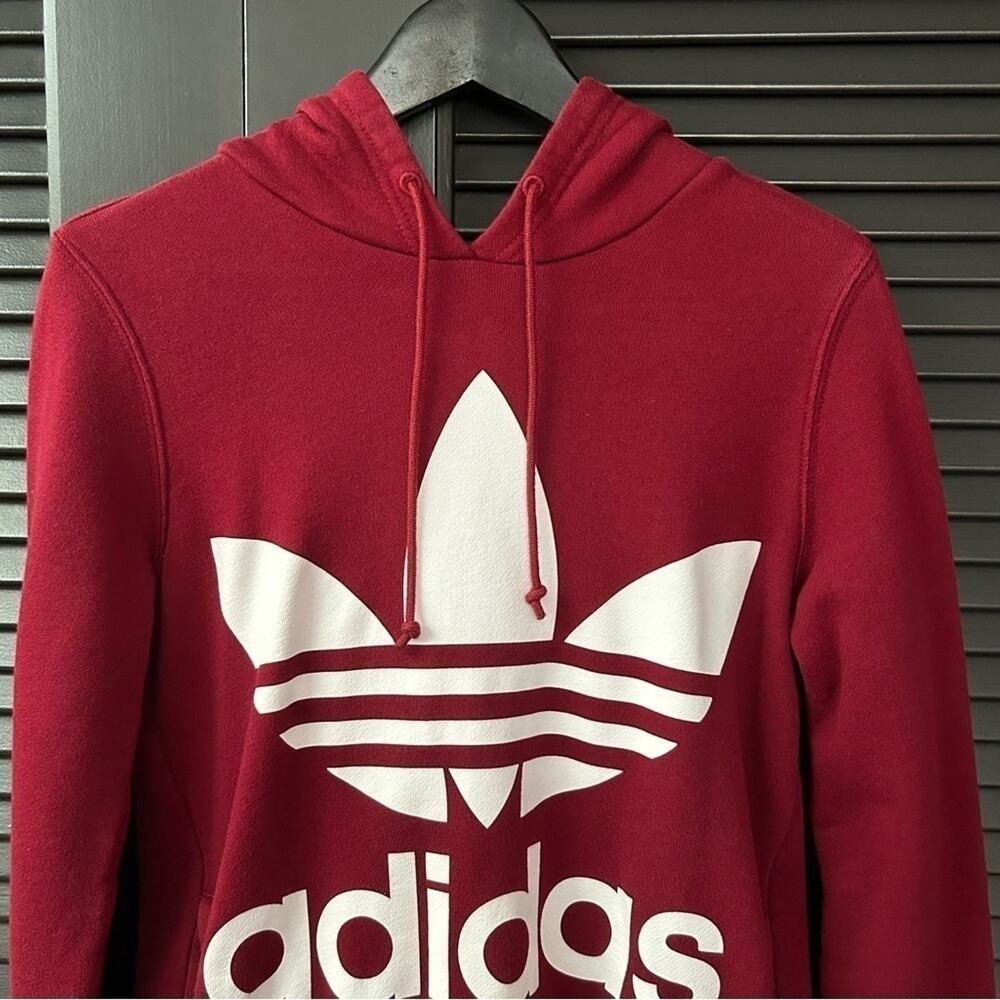 Adidas Trefoil Hoodie with Kangaroo Pocket, Shadow Red, Size XS - Picture 6 of 16